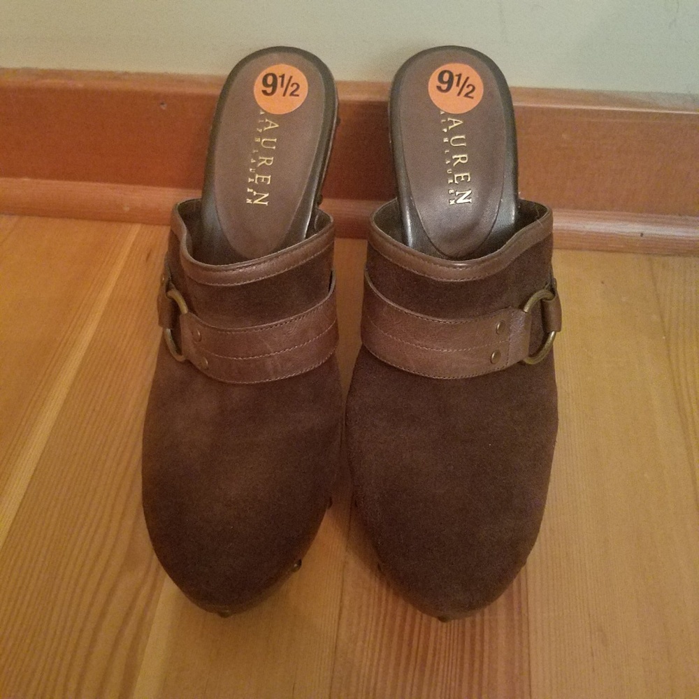 RALPH LAUREN PLATFORM HEEL STUDDED MULES